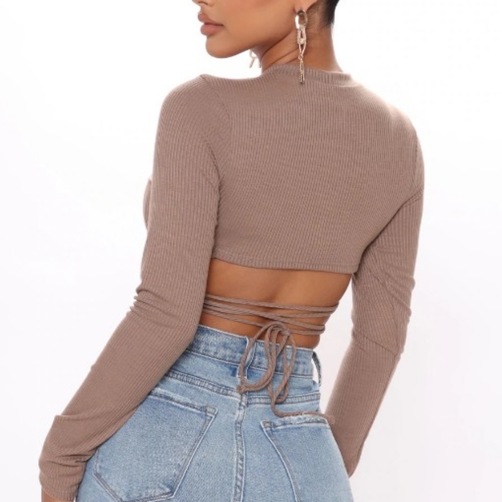 Taupe cropped long sleeve top - Picture 2 of 5